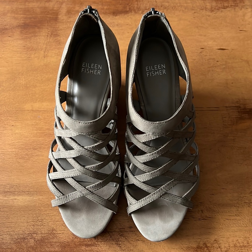 Eileen Fisher cage strappy leather wedge sandal, grey, 8.5